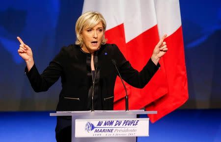 Marine Le Pen, French National Front (FN) political party leader and candidate for the French 2017 presidential election, attends the 2-day FN political rally to launch the presidential campaign in Lyon, France February 5, 2017. REUTERS/Robert Pratta