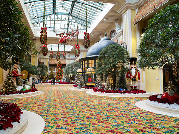 Giant Nutcrackers and colorful Christmas ornaments are part of Beau Rivage’s spectacular holiday décor.