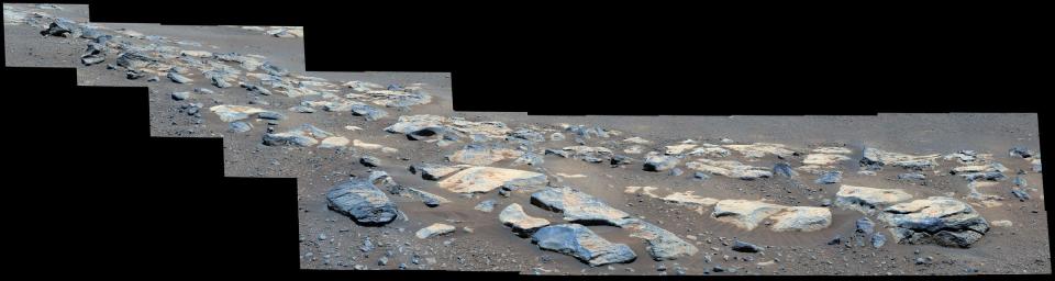 A stitched-together panoramic view of Mars' Jezero Crater. A closer look at Mars' rocks.