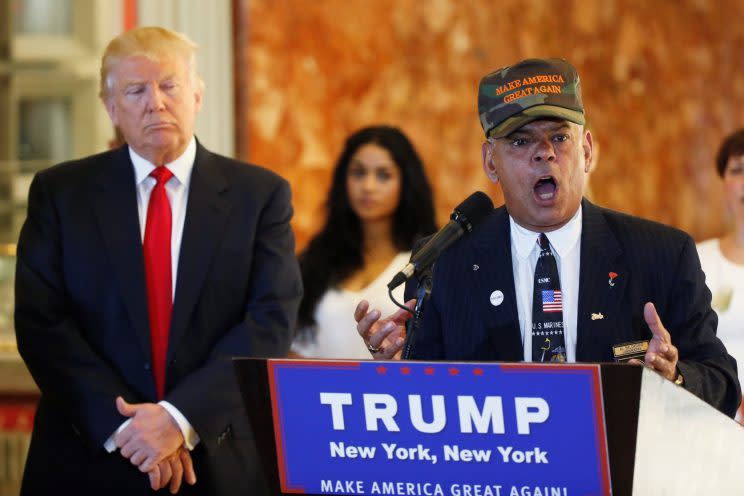 Veterans advocate Al Baldasaro speaks in support of Donald Trump at Trump Tower in New York City on May 31. (Photo: Lucas Jackson/Reuters)