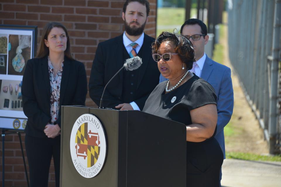 Maryland Department of Public Safety and Correctional Services Secretary Carolyn J. Scruggs speaking at a Thursday press conference, at Roxbury Correctional Institution, that delved into an investigation into contraband smuggling.