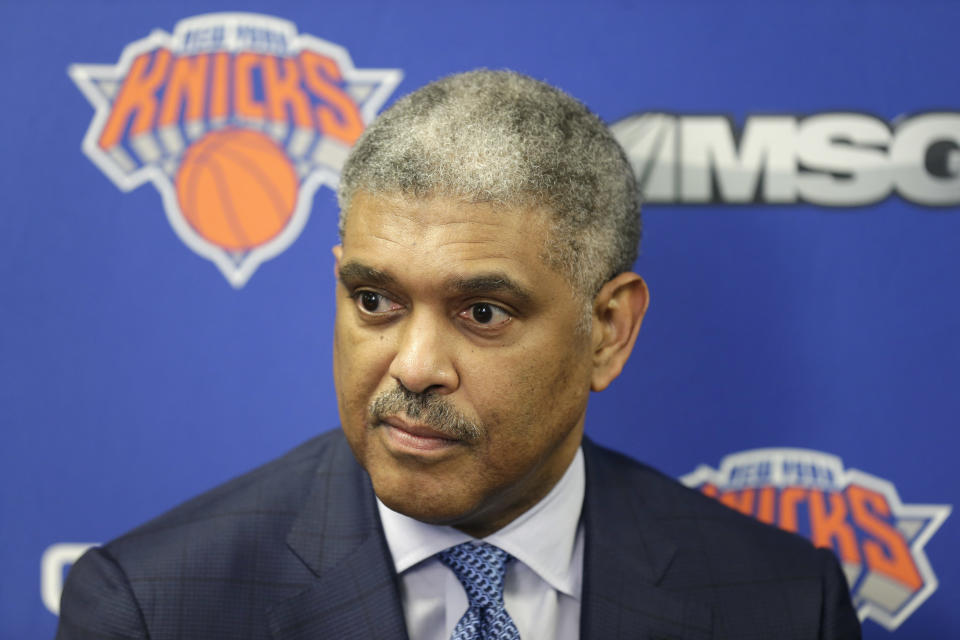 New York Knicks' president Steve Mills speaks to reporters at a news conference in Tarrytown, N.Y., Thursday, April 12, 2018. The Knicks fired coach Jeff Hornacek early Thursday, making the decision shortly after beating Cleveland on Wednesday night to finish a 29-53 season. They lost more than 50 games and missed the playoffs both seasons under Hornacek. (AP Photo/Seth Wenig)