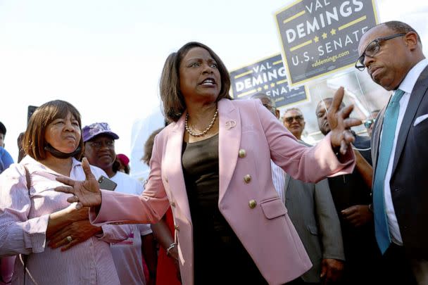PHOTO: U.S. Rep. Val Demings, Democratic nominee for the U.S. Senate, speaks during a meet and greet event outside of the North Miami Library polling place, Oct. 24, 2022. in North Miami, Fla. (Joe Raedle/Getty Images)