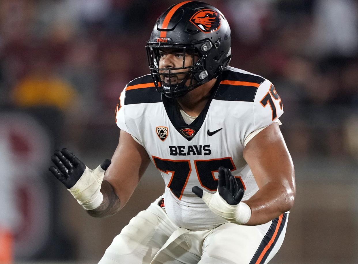 Oct 8, 2022; Stanford, California, USA; Oregon State Beavers offensive lineman Taliese Fuaga (75) blocks during the first quarter against the Stanford Cardinal at Stanford Stadium. Mandatory Credit: Darren Yamashita-USA TODAY Sports