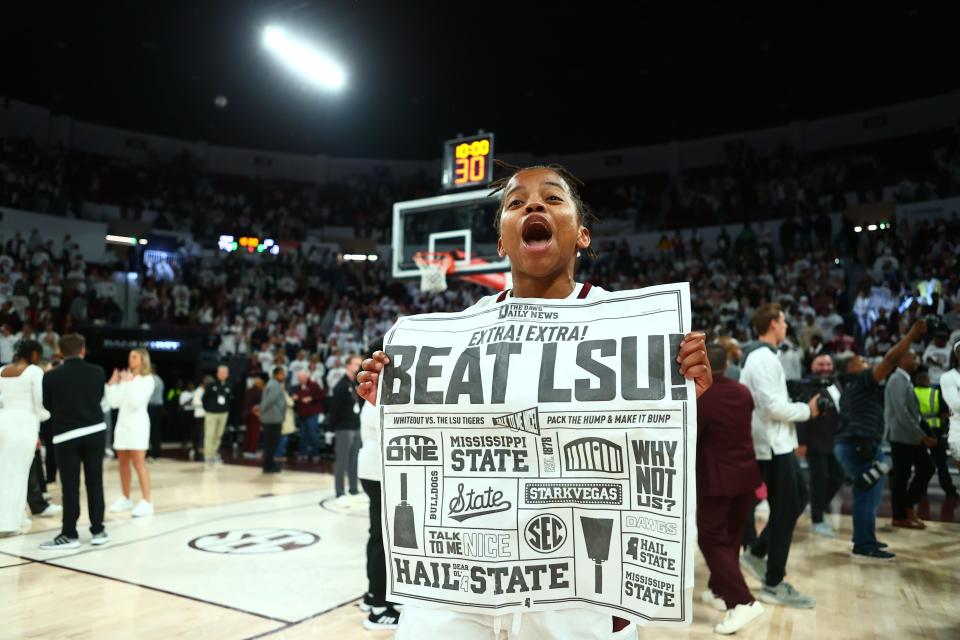 Mississippi State women's basketball guard Lauren Park-Lane celebrates after an upset win against LSU on Jan. 29, 2024, at Humphrey Coliseum.