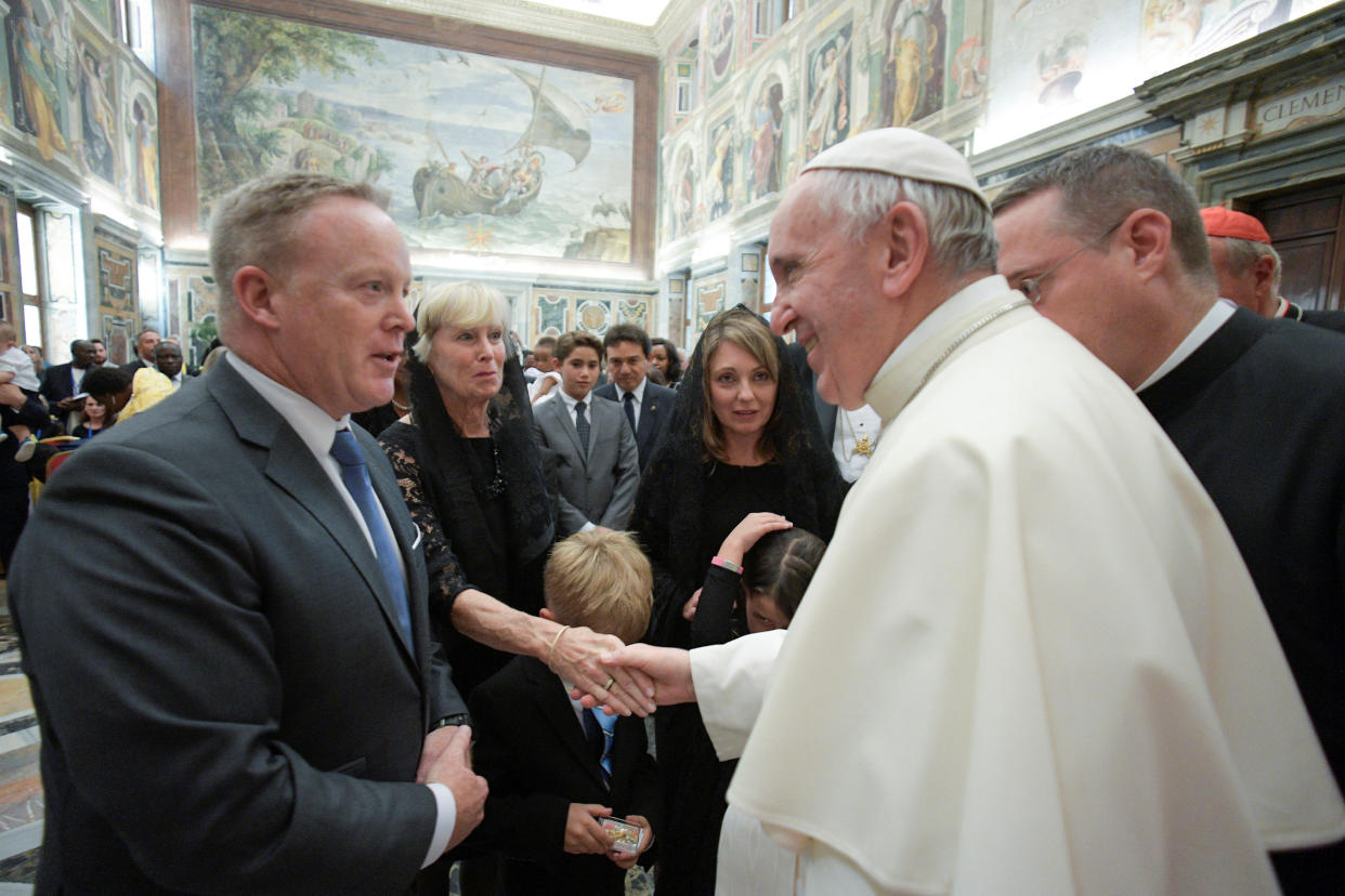 Pope Francis talks with former White House Press Secretary and Communications Director Sean Spicer during a special audience at the Vatican August 27, 2017. (Photo: Osservatore Romano/Handout via Reuters)