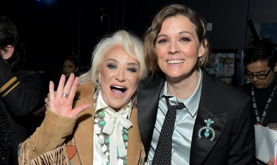 LOS ANGELES, CALIFORNIA - JANUARY 26: (L-R) Tanya Tucker and Brandi Carlile winner of the Best Country Album award for "While I'm Livin'" backstage during the 62nd Annual GRAMMY Awards Premiere Ceremony at Microsoft Theater on January 26, 2020 in Los Angeles, California. (Photo by Charley Gallay/Getty Images for The Recording Academy)