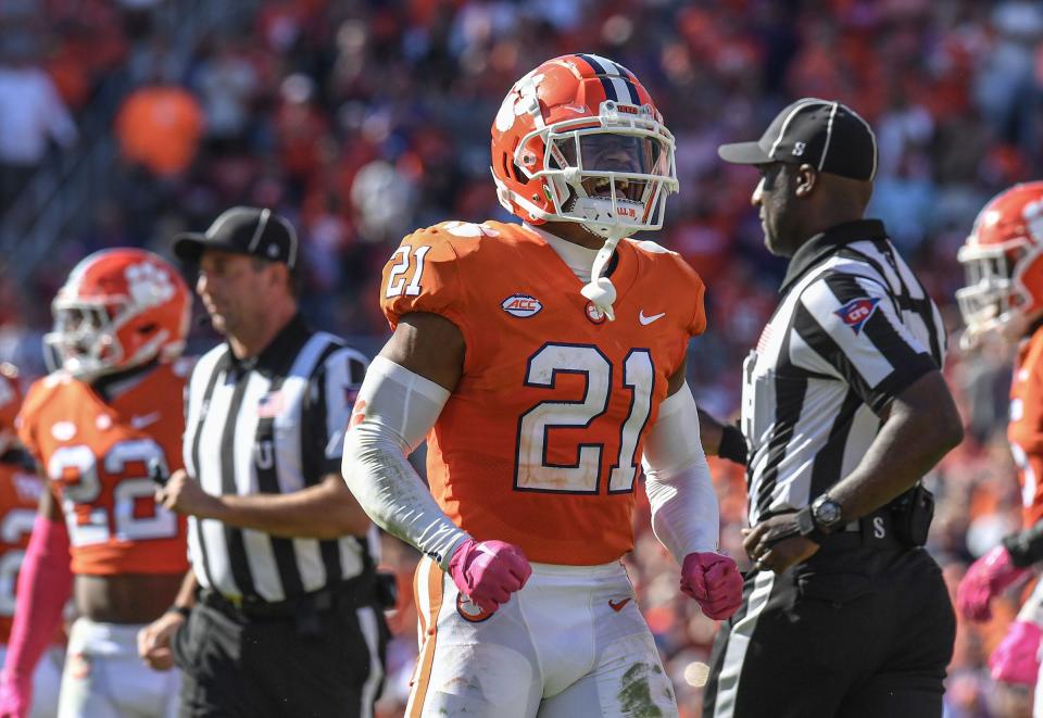 Clemson cornerback Malcolm Greene (21) celebrates a tackle against Syracuse during the fourth quarter at Memorial Stadium in Clemson, South Carolina Saturday, October 22, 2022.   