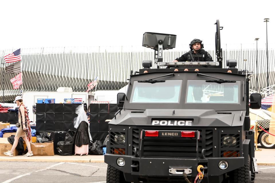 Nassau County, New York police officers providing security before a campaign rally by Republican presidential candidate and former president Donald J. Trump at Nassau Veterans Memorial Coliseum in Uniondale, New York (EPA)