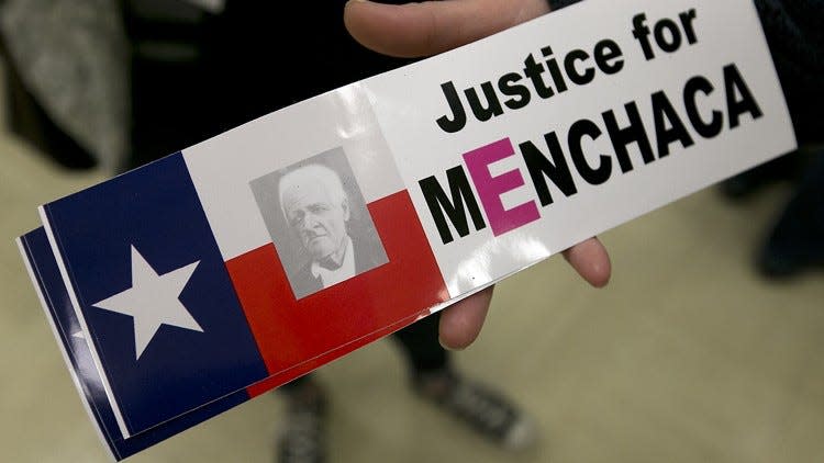 New bumper stickers were made to publicize the movement for a name change to the correct spelling of the street. A non-profit group working to educate Texans about Jose Antonio Menchaca, the namesake of Austin's Manchaca Road, held an event celebrating Menchaca's 215 birthday Friday morning January 9, 2015 at Menchaca Elementary School. The group is working to raise money to get the city to change the name of Manchaca Road to its proper spelling. Some descendants of Menchaca were on hand for the celebration. RALPH BARRERA/ AMERICAN-STATESMAN