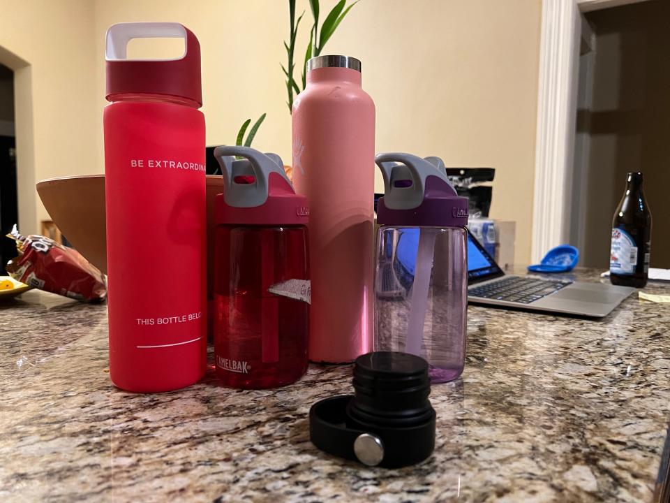 water bottles on counter