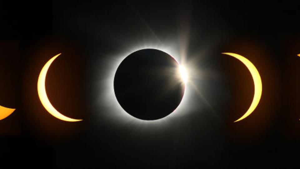 <div>A composite image of eight pictures shows the phases of the total eclipse as the moon passes from left to right in front of the sun during a solar eclipse on Monday, Aug. 21, 2017, near Perryville, Mo. Shot with an equivalent of an 800mm lens, the partial phases are single exposures. The center image of the total eclipse is made from multiple exposures that help show more detail of the suns corona around the moon. (Chris Lee/St. Louis Post-Dispatch/Tribune News Service via Getty Images)</div>