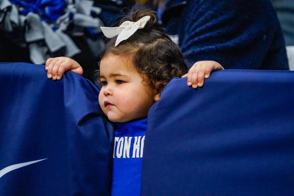 A young fan watches the game between the Butler Bulldogs and the Seton Hall Pirates and the Seton Hall Pirates on Saturday, Jan. 13, 2024 at Hinkle Fieldhouse in Indianapolis.