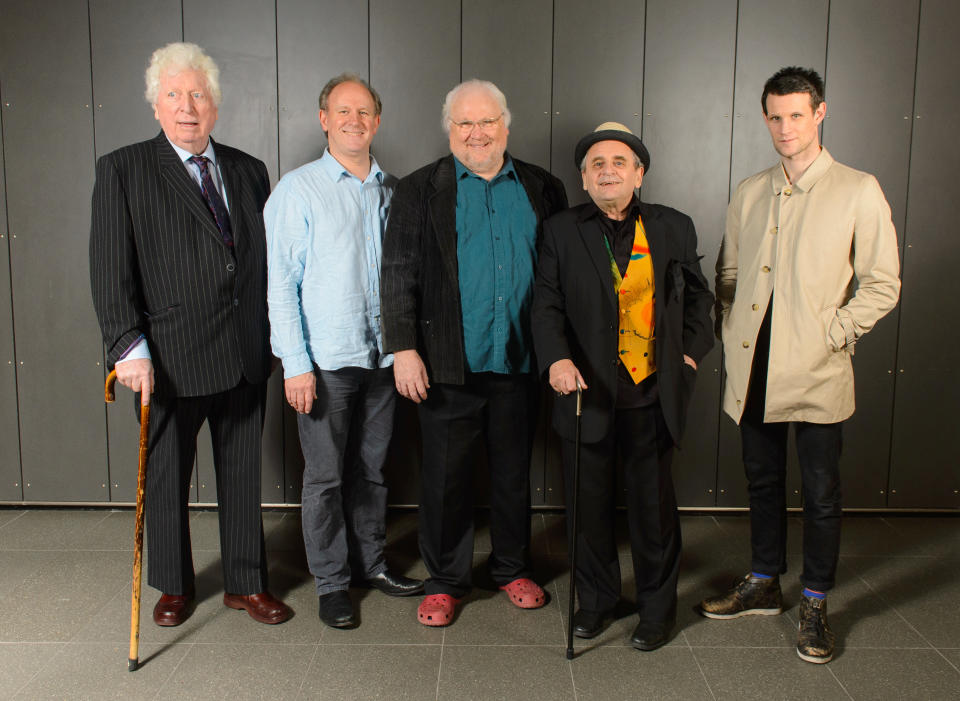 Former Doctor Who actors (left to right) Tom Baker, Peter Davison, Colin Baker, Sylvester McCoy and Matt Smith at the Doctor Who Official 50th Anniversary Celebration at the Excel Centre, in east London.   (Photo by Dominic Lipinski/PA Images via Getty Images)