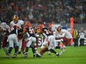 Oct 30, 2016; London, United Kingdom; Washington Redskins placekicker Dustin Hopkins (3) kicks the game tying field goal during the fourth quarter against the Cincinnati Bengals at Wembley Stadium. Mandatory Credit: Steve Flynn-USA TODAY Sports