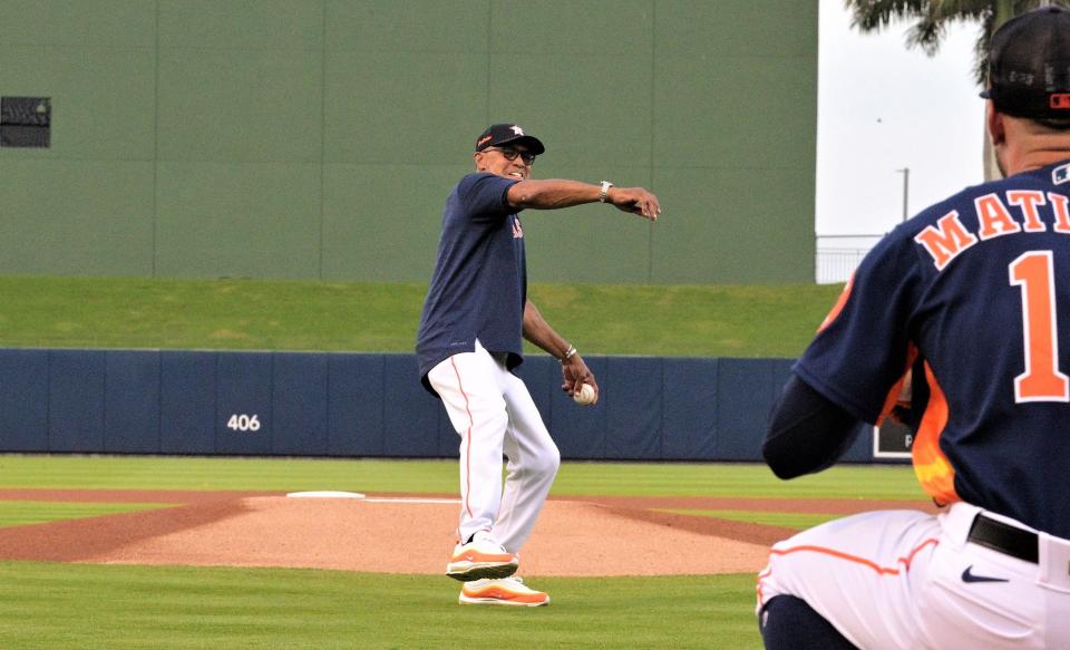 Former Athletics and Yankees star Reggie Jackson throws the ceremonial first pitch at Ballpark of the Palm Beaches in celebration of his documentary's upcoming debut on Amazon Prime (Mar. 18, 2023).