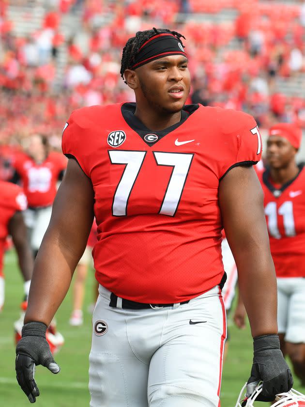 Offensive lineman Devin Willock, seen in 2021, played in all 15 games for the University of Georgia this season. He was pronounced dead at the scene of a car crash Sunday, authorities said.