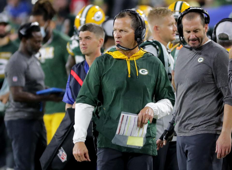 Green Bay Packers defensive coordinator Joe Barry is shown during the fourth quarter of their game Monday, Sept. 20, 2021, at Lambeau Field in Green Bay, Wis.