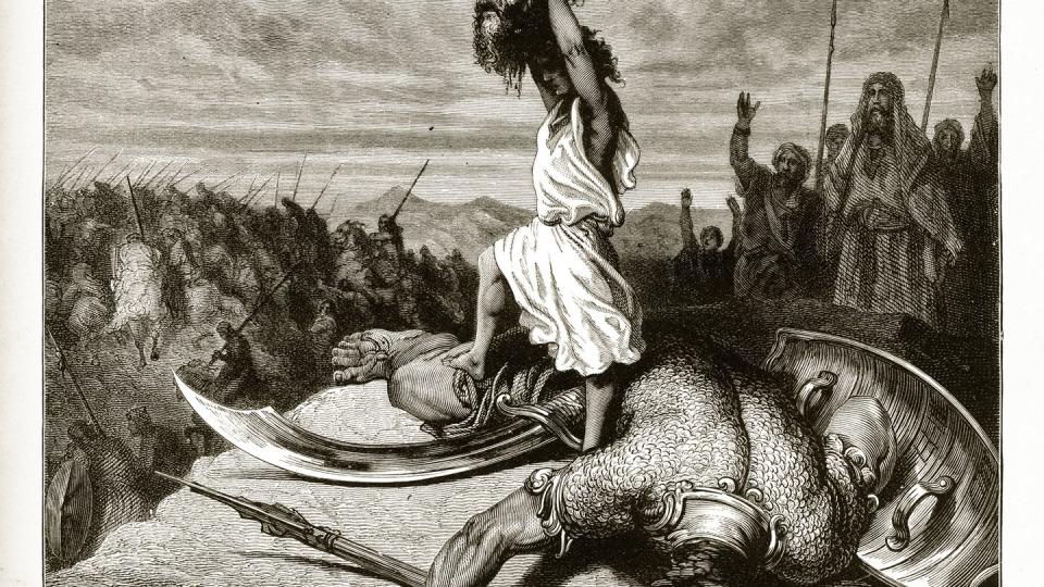 Engraved illustration of David and Goliath, who researchers say wore a size 16 New Era fitted hat.