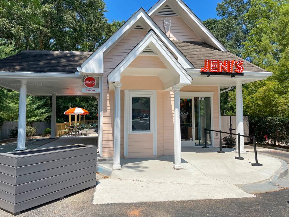 The store front of Jeni's Splendid Ice Creams at 1710 S. Lumpkin St. in Athens, Ga. on Tuesday, Aug. 1, 2023. Jeni's kept the existing structure of the former Georgia Federal Credit Union building.