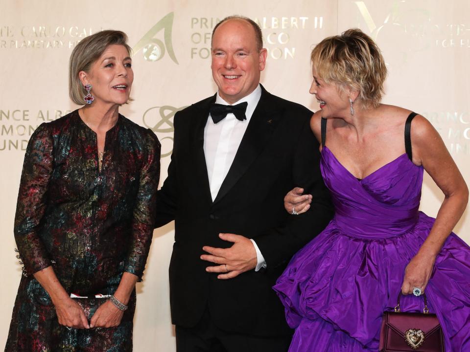 American actress Sharon Stone, Prince's Albert II of Monaco and Princess Caroline of Hanover pose during the photocall ahead of the 2021 Monte-Carlo Gala for Planetary Health at the Palais de Monaco, in Monaco, on September 23, 2021.