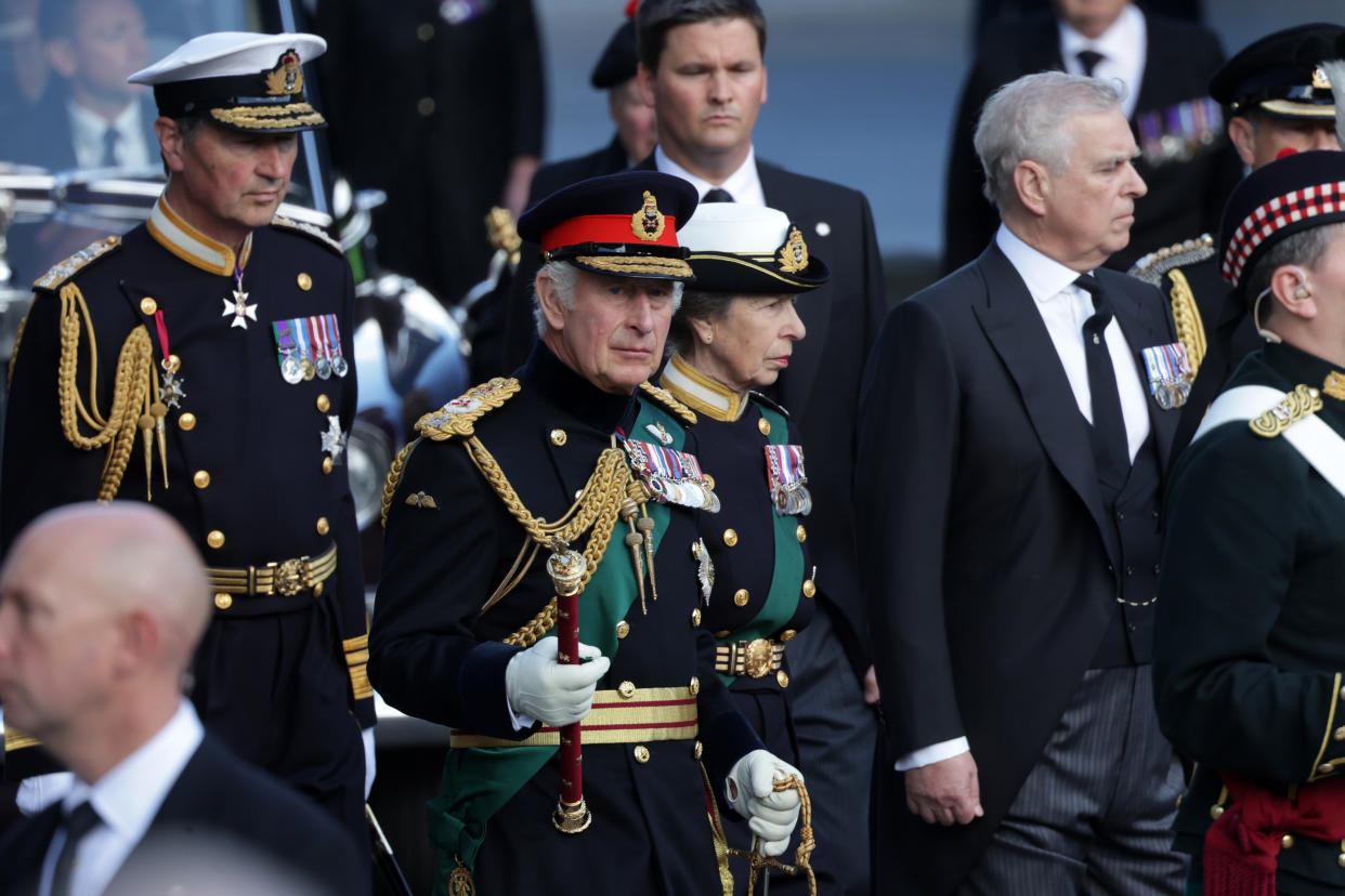 FTSE 100 EDINBURGH, SCOTLAND - SEPTEMBER 12: Sir Timothy Lawrence, King Charles III, Princess Anne, Princess Royal and Prince Andrew, Duke of York arrive at St Giles Cathedral on September 12, 2022 in Edinburgh, Scotland. King Charles III joins the procession accompanying Her Majesty The Queen's coffin from the Palace of Holyroodhouse along the Royal Mile to St Giles Cathedral. The King and The Queen Consort, accompanied by other Members of the Royal Family also attend a Service of Prayer and Reflection for the Life of The Queen where it lies in rest for 24 hours before being transferred by air to London. (Photo by Chris Jackson/Getty Images)