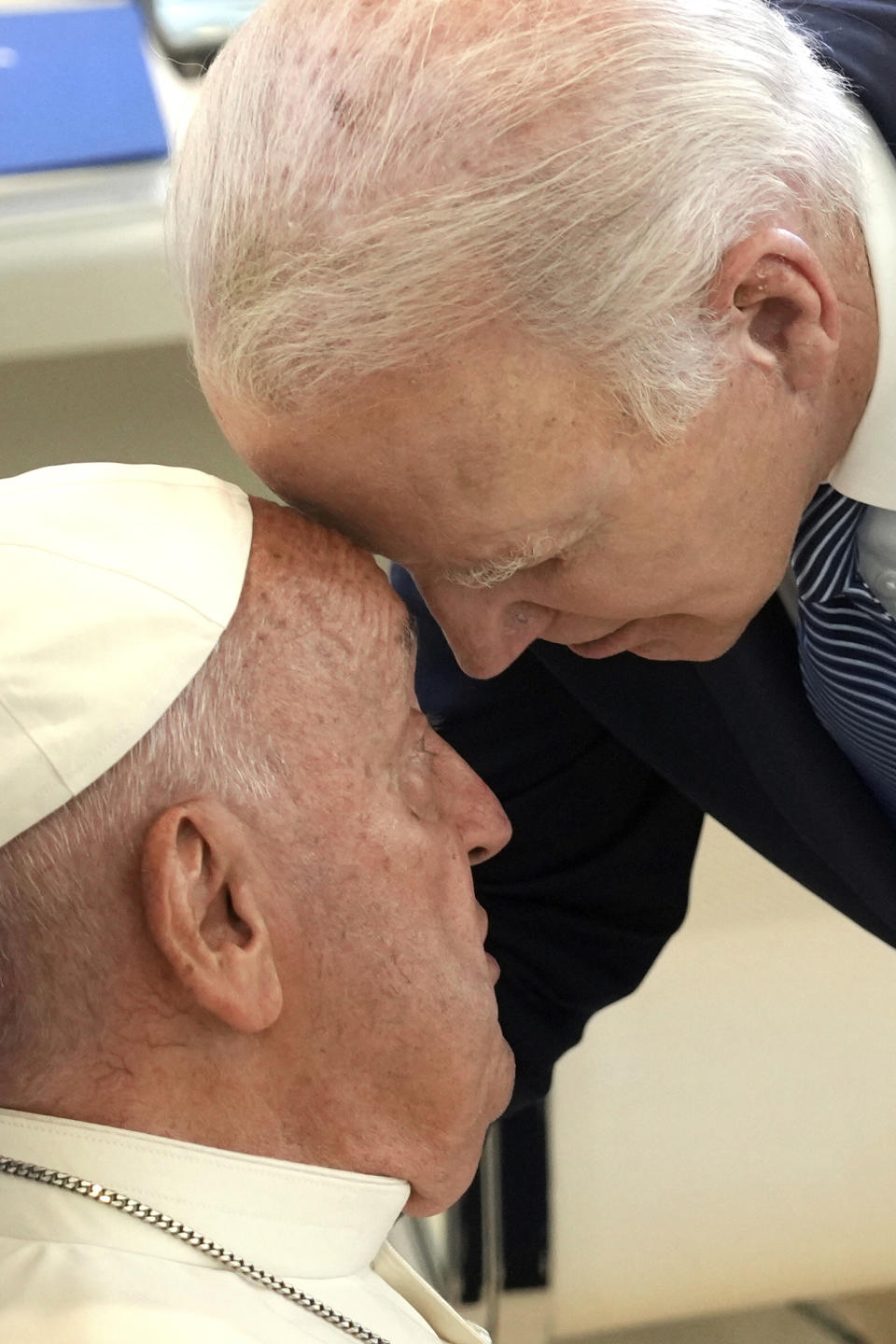 U.S. President Joe Biden, right, greets Pope Francis ahead of a working session on Artificial Intelligence (AI), Energy, Africa-Mediterranean, on day two of the 50th G7 summit at Borgo Egnazia, southern Italy, on Friday, June 14, 2024. (Christopher Furlong/Pool Photo via AP)