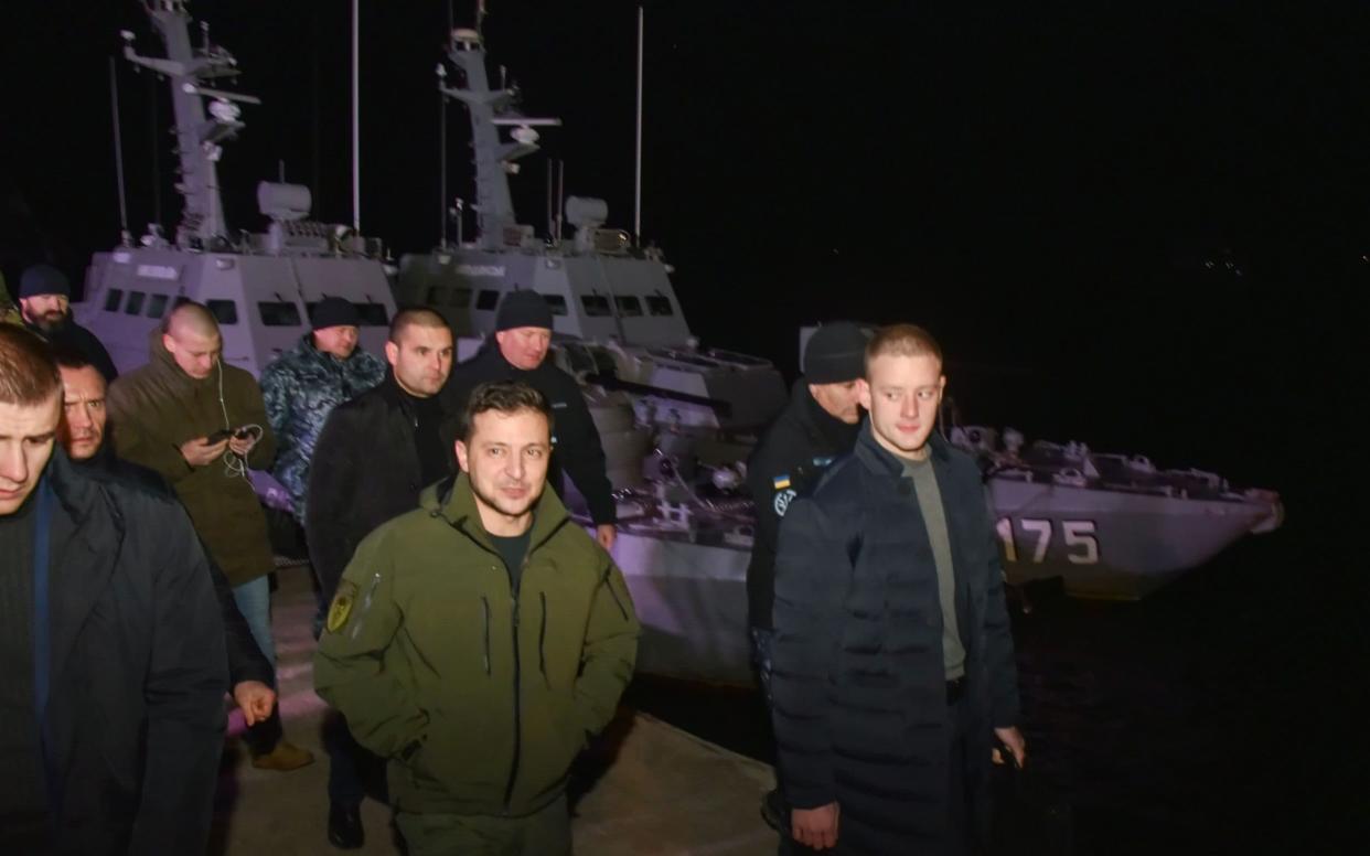 Volodymyr Zelenskiy met the returning vessels at the Ukrainian port of Ochakiv - REX