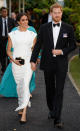 <p>For an evening reception and dinner in Tonga, the Duchess wore a white gown by Theia Couture with Aquazzura shoes, Birks earrings and her go-to Givenchy clutch. In a touching nod to Princess Diana, the Duchess finished the look with the late royal’s aquamarine ring. <em>[Photo: Getty]</em> </p>
