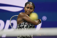 Coco Gauff, of the United States, returns a shot to Sloane Stephens, of the United States, during the second round of the US Open tennis championships, Wednesday, Sept. 1, 2021, in New York. (AP Photo/Frank Franklin II)