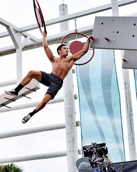 Zac Efron, on the set of the “Baywatch” movie: “Nothing like a little #NinjaWarrior training to start the day. Months and months of training for this moment… Bring it on @therock let’s do this ALL DAY baby! #Baywatch #nowiresneeded” -@zacefron