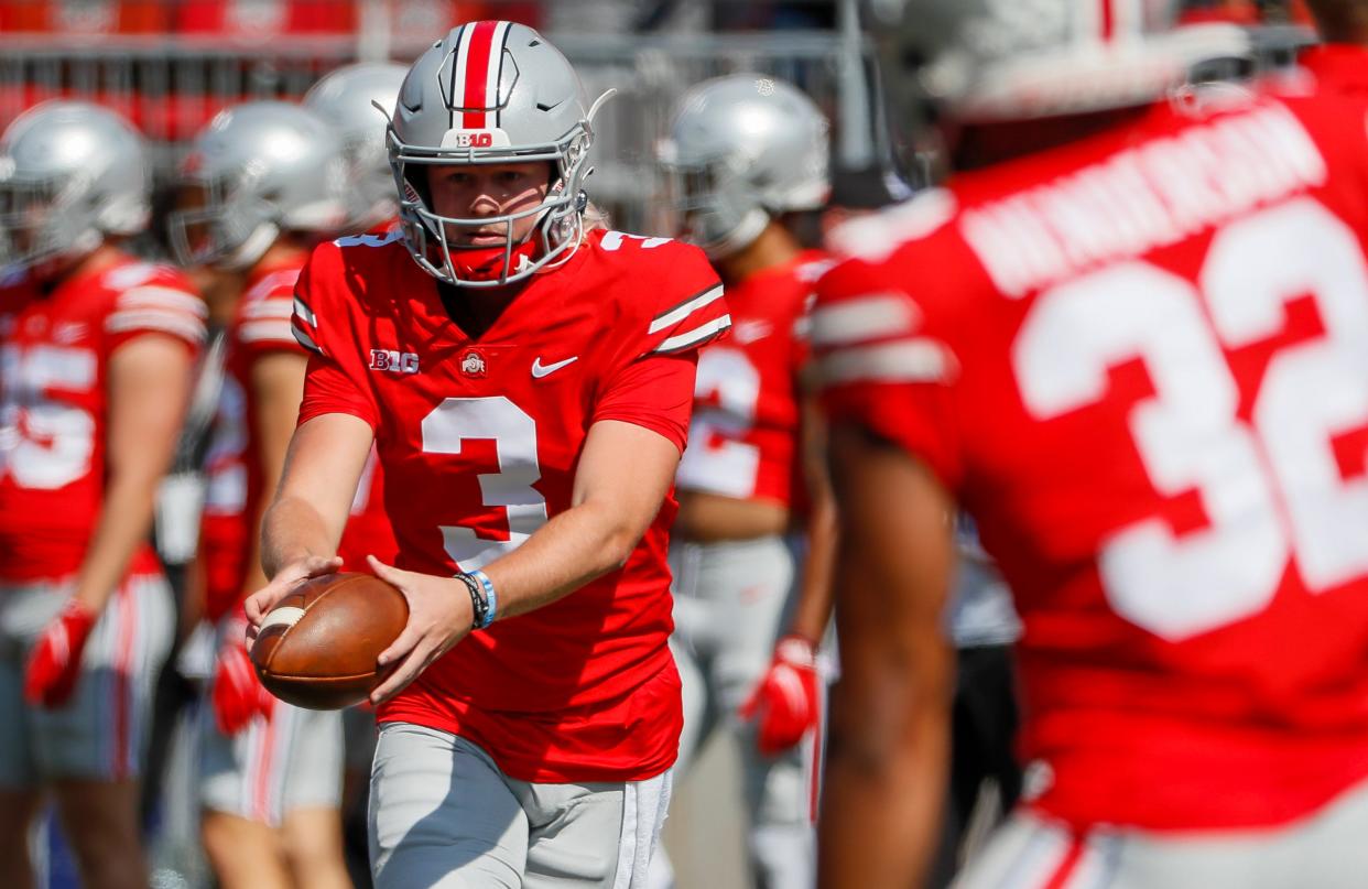 Quinn Ewers played in only one game for Ohio State before deciding to transfer. He took the final two snaps of the 56-7 victory over Michigan State, both handoffs.