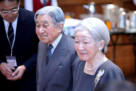 Japanese Emperor Akihito (L) and Empress Michiko (R) meet with Japanese community in Vietnam at a hotel in Hanoi, Vietnam 02 March 2017. REUTERS/Minh Hoang/Pool