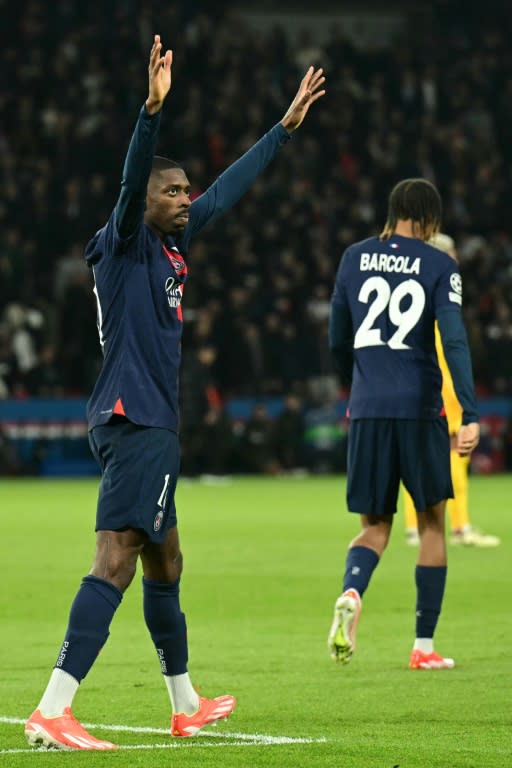 Ousmane Dembélé buteur pour le PSG contre Barcelone en quart de finale de Ligue des champions le 10 avril 2024 à Paris (MIGUEL MEDINA)