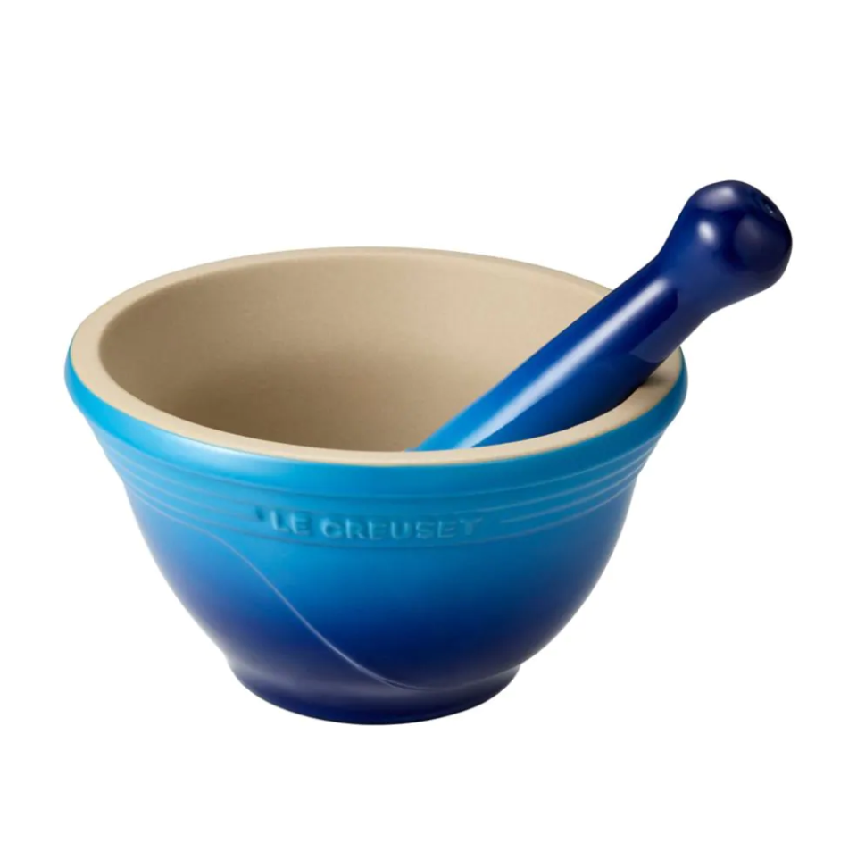 Le Creuset Stoneware Mortar and Pestle. Image via Hudson's Bay. 