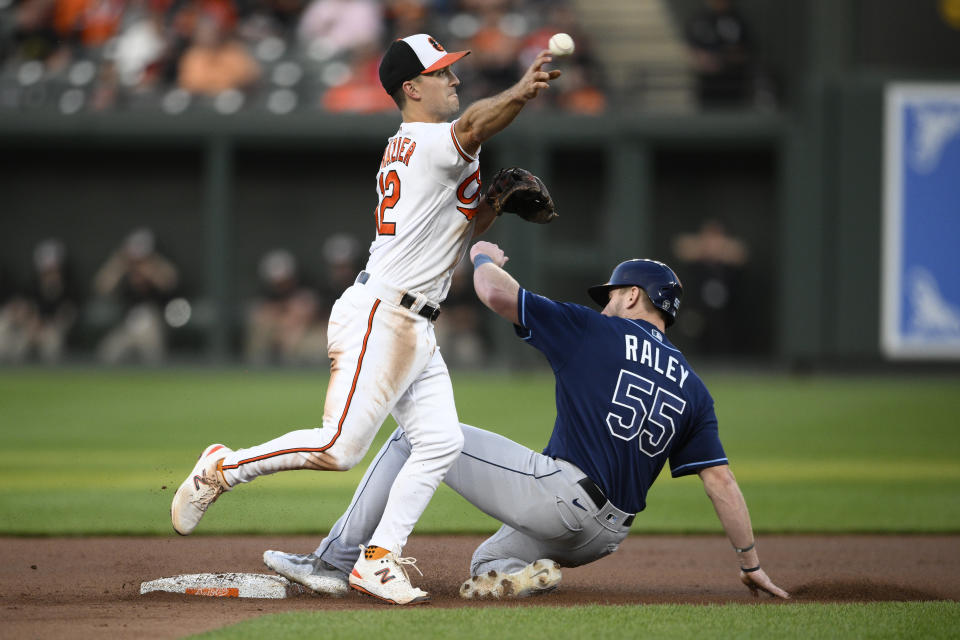 Tampa Bay Rays' Luke Raley (55) is out at second as Baltimore Orioles second baseman Adam Frazier (12) throws to put out Isaac Paredes for a double play during the fourth inning of a baseball game Wednesday, May 10, 2023, in Baltimore. (AP Photo/Nick Wass)