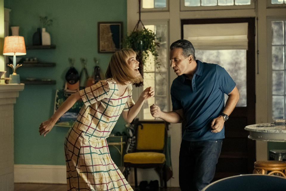 This image released by Lionsgate shows Leslie Bibb as Ellie and Sebastian Maniscalco as Sebastian in a scene from "About My Father." (Dan Anderson/Lionsgate via AP)