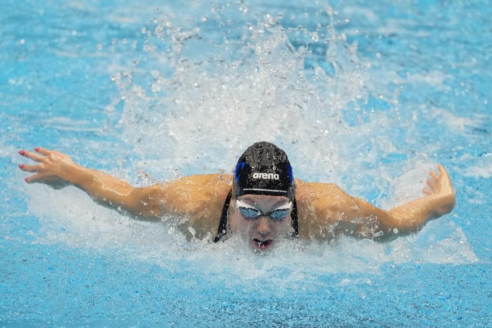 Gretchen Walsh swims during the Women's 100 butterfly finals Sunday, June 16, 2024, at the US Swimming Olympic Trials in Indianapolis. (AP Photo/Darron Cummings)