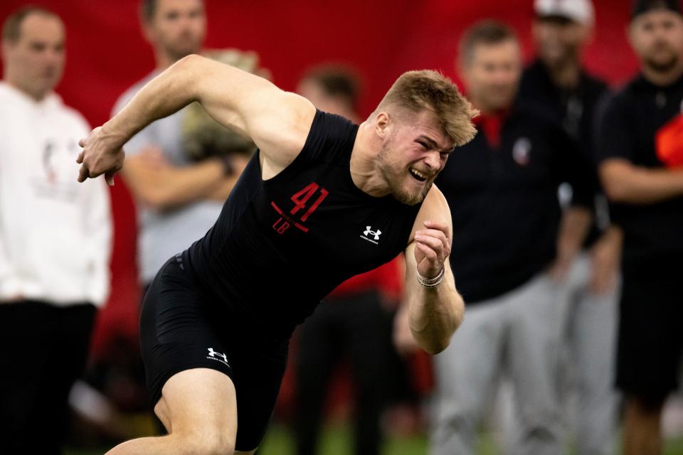 Cincinnati Bearcats linebacker Joel Dublanko (41) runs a drill during Cincinnati Football Pro Day, Thursday, March 24, 2022, at the Sheakley Athletic Complex in Cincinnati. 