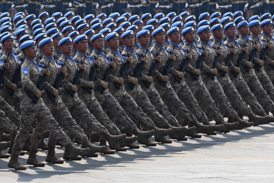 Chinese People's Liberation Army personnel participate in a military parade at Tiananmen Square in Beijing on October 1, 2019, to mark the 70th anniversary of the founding of the Peoples Republic of China. (Greg baker/AFP via Getty Images)