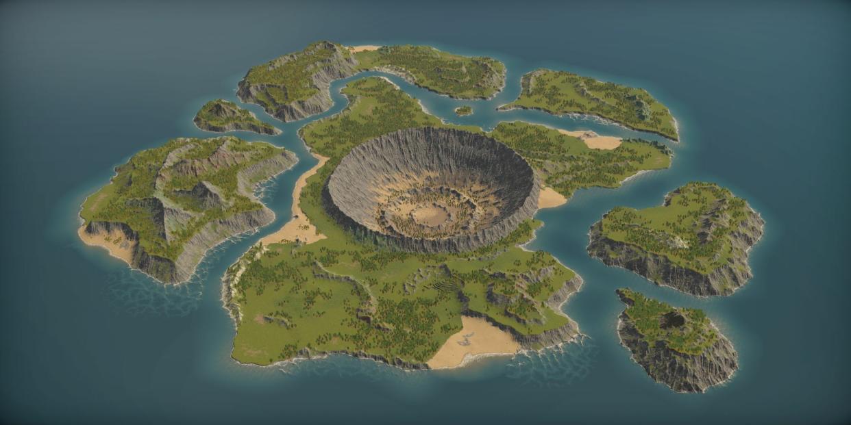  Captain of Industry Update 2, several large islands with a huge impact crater at the center, separated by deep channels. 