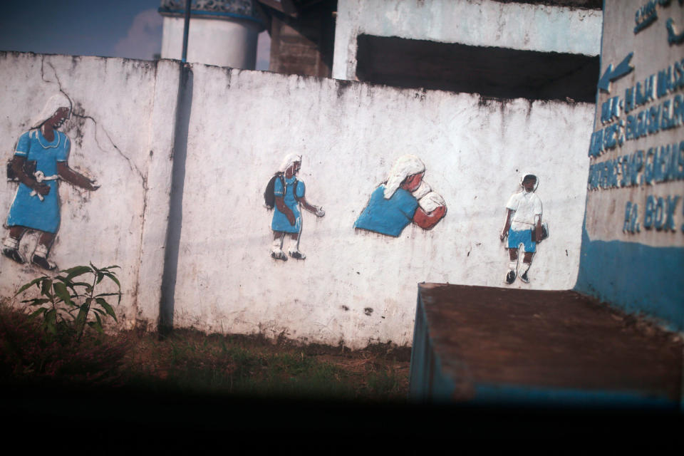 Paintings on a school wall in Monrovia. | Kathleen Flynn, special to ProPublica