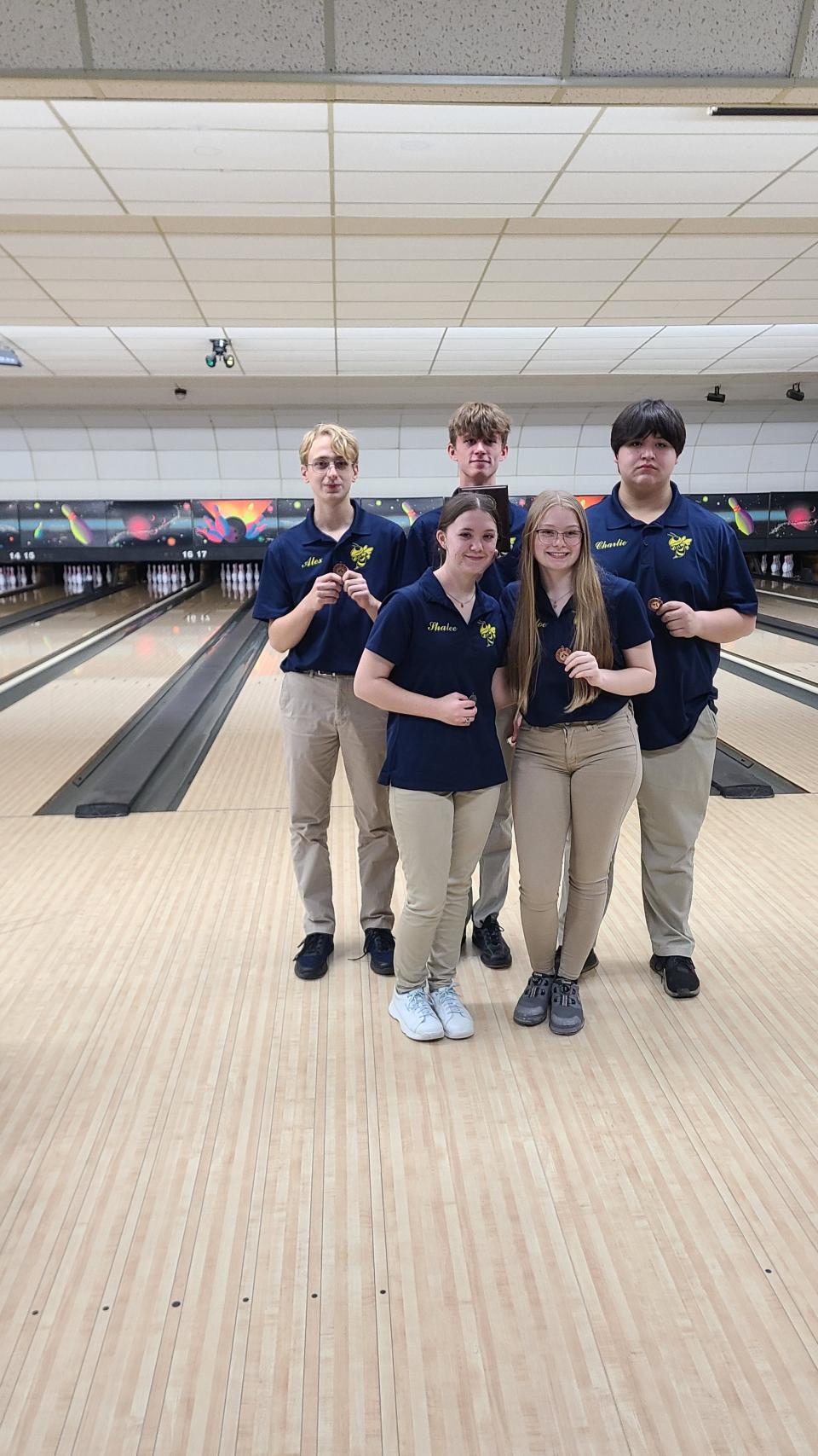 The Hornet bowling team's medalists at the Wildcat Blastoff tournament: (back row) Alex Portteus, Nolan Grant and Charlie Teller; (front row) Shalee Van Heerde and Chloe Manifold.