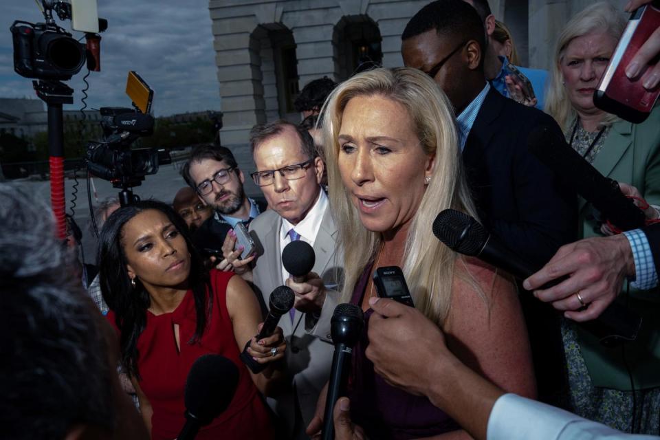 PHOTO: Rep. Marjorie Taylor Greene (R-GA) gaggles with reporters on the steps of the House of Representatives at the U.S. Capitol on April 18, 2024 in Washington, DC. (Kent Nishimura/Getty Images)