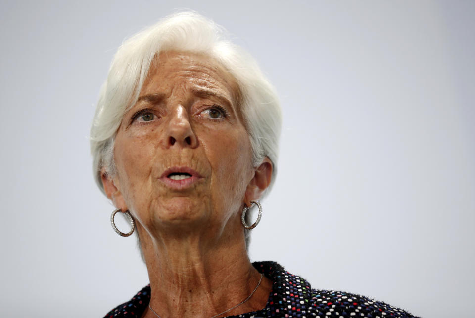 European Central Bank (ECB) President Christine Lagarde attends a news conference during the Informal Meeting of Economics and Finance Ministers in Berlin, Germany, Friday, Sept. 11, 2020. (Hannibal Hanschke/Pool Photo via AP)