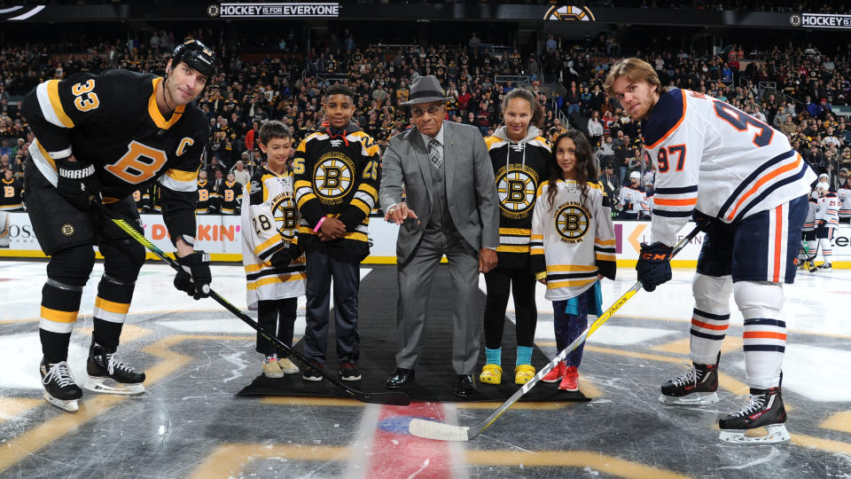 BOSTON, MA - JANUARY 4: Alumni player Willie O'Ree of the Boston Bruins in honor of Hockey Is For Everyone and the Willie O'Ree Skills Weekend drops the puck before the game against the Edmonton Oilers at the TD Garden on January 4, 2020 in Boston, Massachusetts. (Photo by Steve Babineau/NHLI via Getty Images)