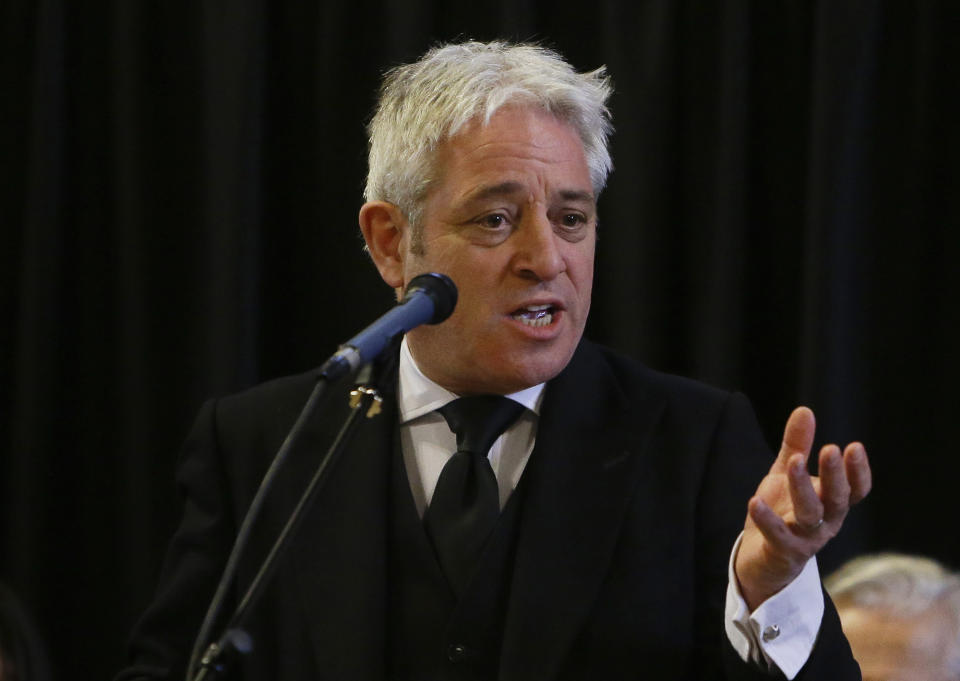 FILE - In this Thursday, March 22, 2018 file photo, John Bercow, Speaker of the House of Commons speaks at Westminster Hall inside the Palace of Westminster in London. On Tuesday, Sept. 3, 2019 it’s time for Britain’s Parliament to once again take center stage _ and that means Speaker of the House John Bercow will don his familiar robes and try to keep “orrrr-duhhh” while mediating a titanic clash between Prime Minister Boris Johnson and the legislative branch. There’s no doubt Bercow will play a pivotal role in coming days, using his considerable authority to shape the debate and the vote that will determine if a “no-deal” Brexit is blocked and a general election will be held. (AP Photo/Alastair Grant, File)