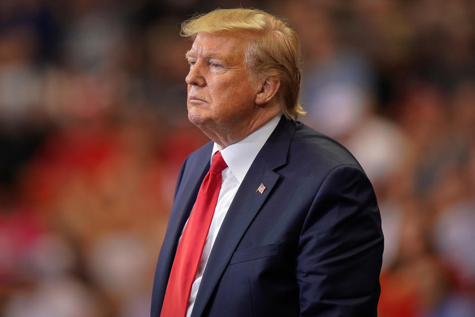 U.S. President Donald Trump pauses during an address at a campaign rally in Cincinnati, Ohio. U.S., August 1, 2019.   REUTERS/Bryan Woolston