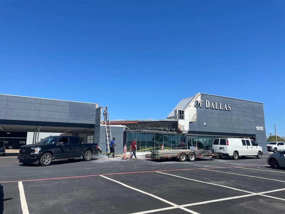 Autos of Dallas at 1015 West Airport Freeway experienced roof damage on Thursday, March 16, 2023, after an EF-1 tornado hit Irving during severe storms in the Dallas-Fort Worth area.