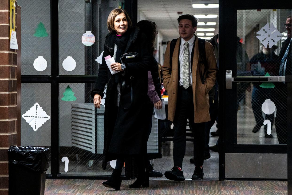 Iowa Gov. Kim Reynolds arrives to speak as a candidate surrogate for Florida Gov. Ron DeSantis at Interstate-35 Community School District in Truro.